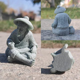 livelyfish Mini Fisherman Statue Asian Zen Decoration Sitting Fishing Figurines Sandstone Vintage Ornament for Aquarium Fish Tank Pot Garden Home Japanese Decor (A)