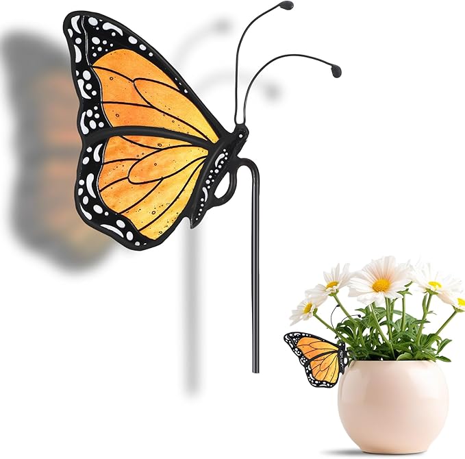 Geelin 1 Pc Stained Glass Butterfly Suncatcher Flower Pot Decoration Metal Plant Pot Hangers Colorful Garden Yard Suncatcher Decor for Spring Home Indoor Outdoor Decor(Orange)