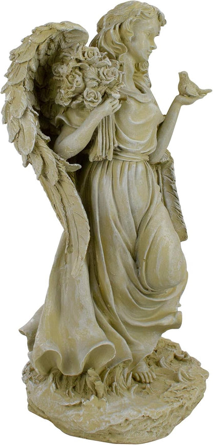 Northlight 18" Heavenly Gardens Distressed Almond Brown Angel with Bird and Bouquet Outdoor Patio Garden Statue