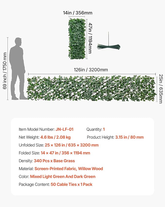 VEVOR Expandable Fence Privacy Screen, 25 x 126 in Expand Artificial Plant Wall, Realistic Artificial Ivy Panel with 50 Zip Ties, Decorative Faux Greenery Backdrop Hedges for Balcony Patio Outdoor