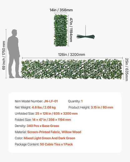 VEVOR Expandable Fence Privacy Screen, 25 x 126 in Expand Artificial Plant Wall, Realistic Artificial Ivy Panel with 50 Zip Ties, Decorative Faux Greenery Backdrop Hedges for Balcony Patio Outdoor