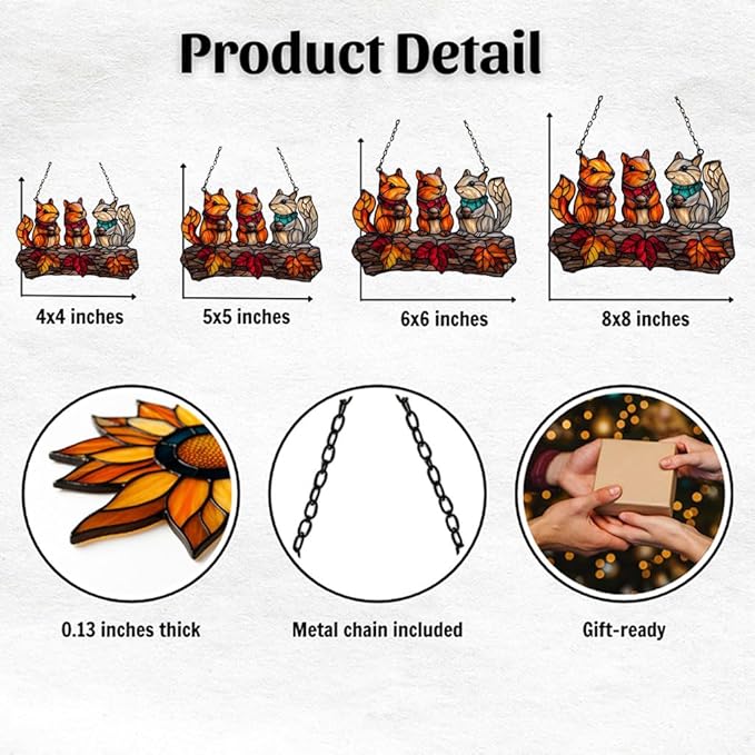 Autumn Squirrel Acrylic Suncatcher Stained Glass Effect Window Car Hanging Christmas Ornament Indoor Outdoor Decor Garden Sun Catcher Panel for Acrylic Suncatcher Lover for Women Mom Grandma