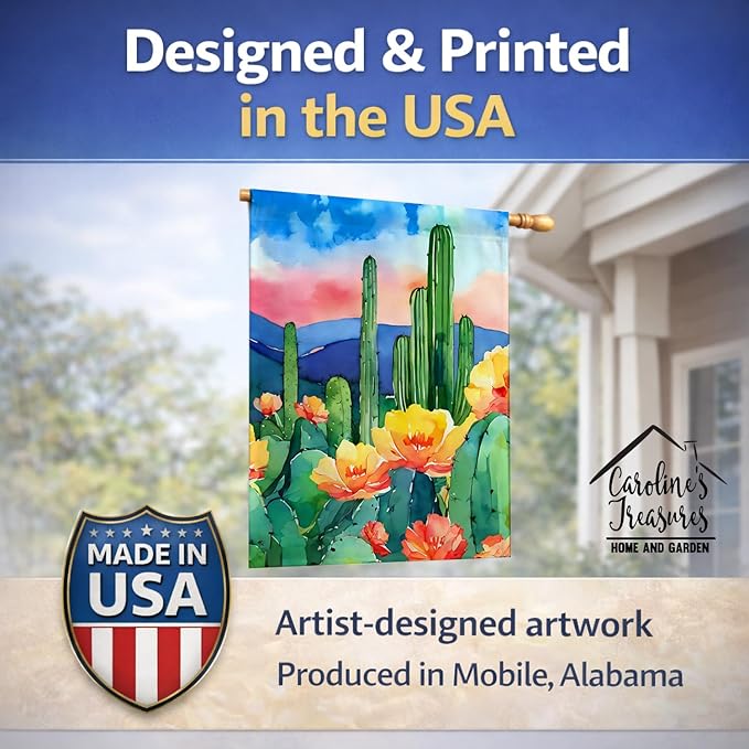 Caroline's Treasures Arizona Saguaro Cactus Blossom in Watercolor House Flag Large Porch Sleeve Pole Decorative Outside Yard Banner Artwork Wall Hanging, Polyester, House Size, Multicolor