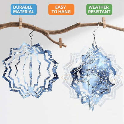 8 Inch Sublimation Wind Spinner, 3D Aluminum Metal Wind Spinner with Hook, Indoor Yard Garden Hanging Decoration, Weather Resistant Rotating Spiral Ornament, Winter Birds on Branches