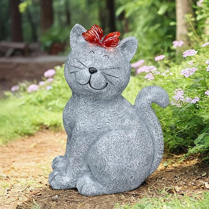 Solar Cat Statue Garden Outdoor Decor, Cat Kitten Figurines with Solar Lights Butterfly for Yard, Patio, Lawn, and Garden Outdoor Decoration, Housewarming Garden Gift.