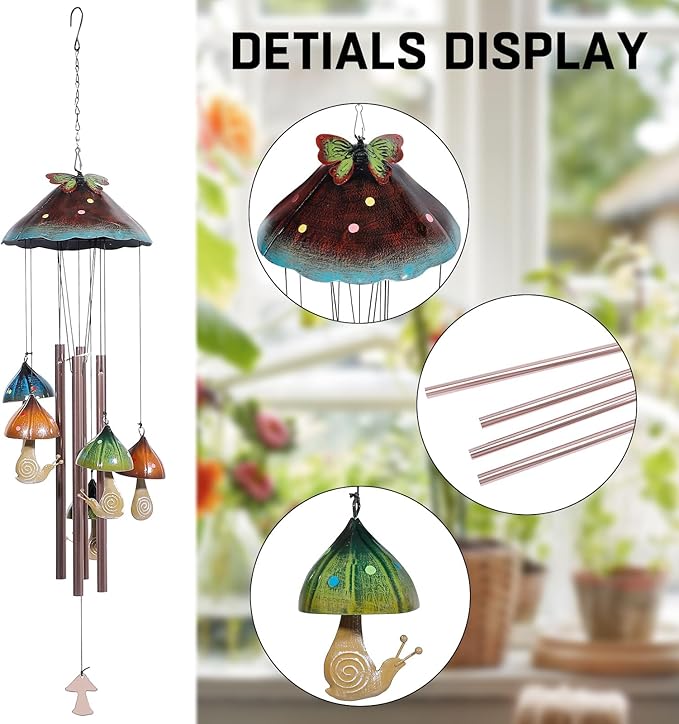 EVOLUX Wind Chimes for Outside, Mushroom Wind Chime Garden Decor Outdoor, Yard Decorations Wind Chimes Gifts for Mom Grandma Women Housewarming Gift, Green, 70-FL
