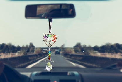 Healing Crystal Decor Tree of Life Car Hanging Accessories Suncatcher with Wings 7 Chakras Window Wall Hanging Decor Meditation Ornaments Home Decoration (Heart+Round)