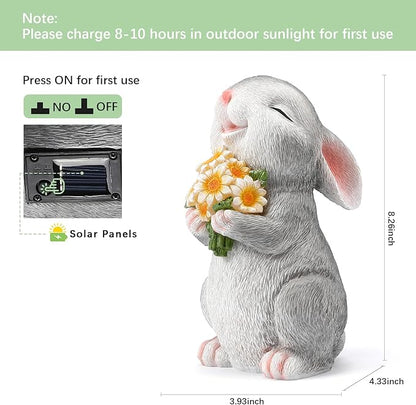 Solar Rabbit Garden Statues Outdoor Easter Bunny Decor Resin Rabbit Figurine Holding Sunflower with LED Lights for Proch Patio Lawn Yard Christmas Birthday Gardening Gifts for Mom Women