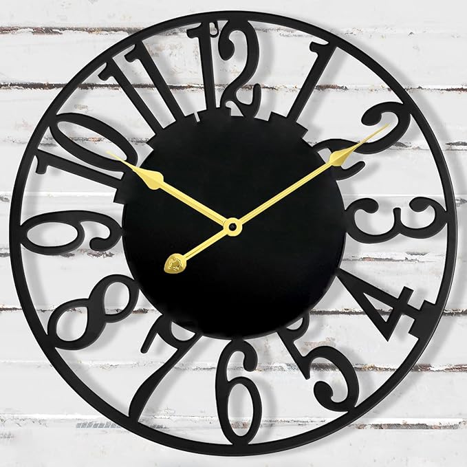Large Outdoor Clock Silent Battery Operated, 16 Inch Metal Decorative Clock for Patio, Pool Area, Garden, Deck, Modern Black Farmhouse Wall Clock for Kitchen, Living Room, Bathroom