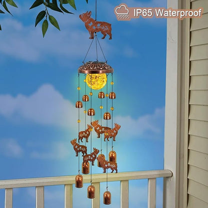 French Bulldog Solar Wind Chimes for Outside,Metal Dog WindChimes with Cracked Glass Lights,Hanging Solar Lights Outdoor,Yard,Patio,Garden,Porch Decor