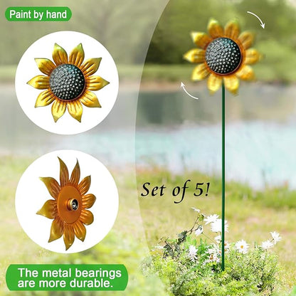 Wind Spinners Outdoor,5 Pack Sunflower Garden Stakes for Outdoor Decorations,Metal Wind Spinner Yard Art Decor for Patio,Lawn