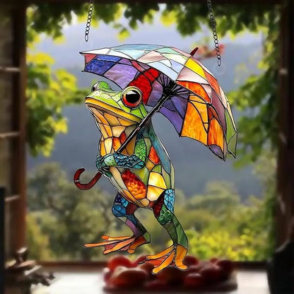 Spring Suncatcher Window Hanging with Colorful Frog Umbrella Designs Full Cover Acrylic Stained Glass Suncatchers Cute Window Decor Summer Ornament Indoor Outdoor for Home Garden Gift for Women