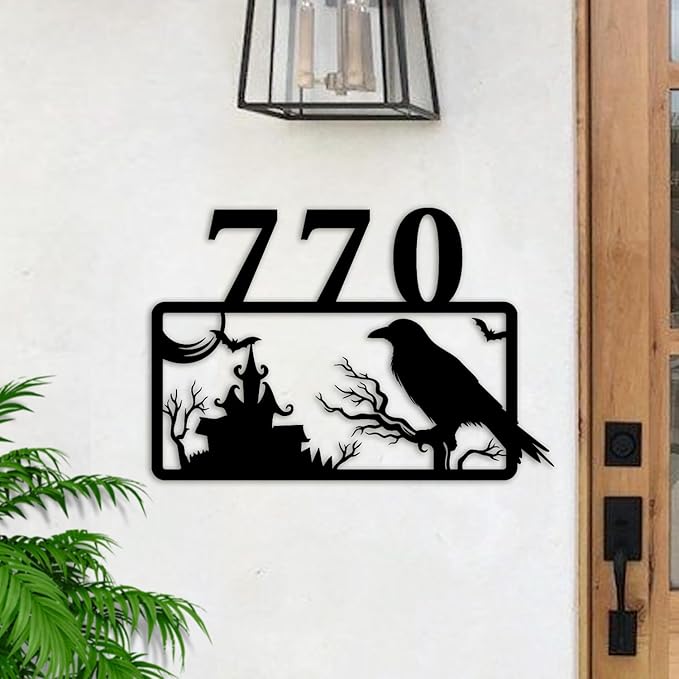 Personalized Gothic House Number metal Signs,Custom Address Number Metal Wall Art Decor,Black Plaques Outdoor wall Decorative Signage,Shed(8-30 Inches) (Crow C)