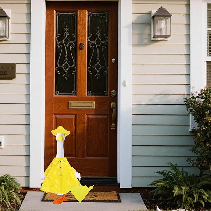 Tinoaly Raincoat Porch Goose Outfits, Waterproof Cement Goose Clothes Patio Concrete Statue Costume with Umbrella & Hat for Outdoor Lawn Garden Yard Decor (Yellow)
