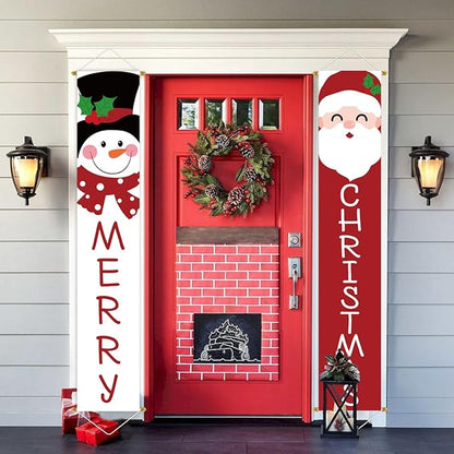 Ivenf Christmas 2pc Outdoor Yard Banner, Red White Santa Snowman, Merry Decorations, Sturdy Poles, Hanging, Front Porch, Home, Indoor Outdoor, Garage Door, 71x13 inches