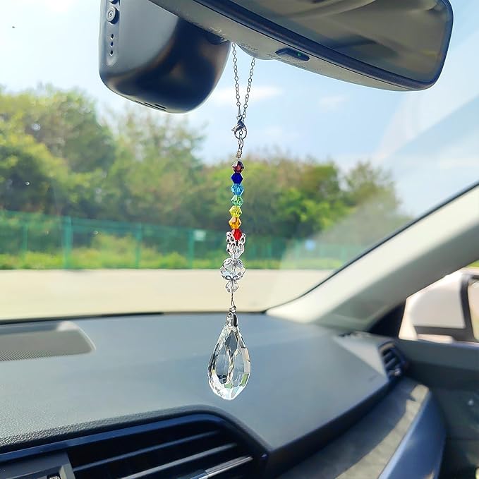 Crystal Sun Catcher Rear View Mirror Accessories, Colorful Crystals Suncatcher Car Mirror Hanging Accessories Car Decor, Hanging Ornament for Window Home Garden etc.