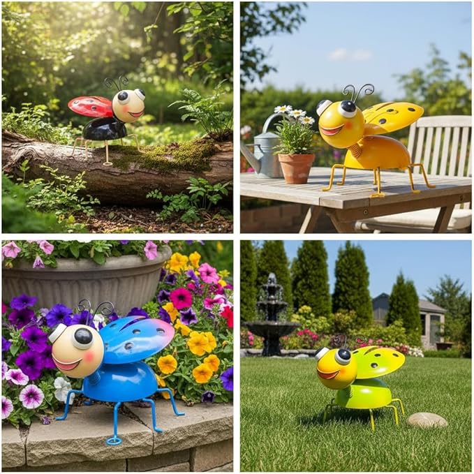 Cruis Cuka Metal Yard Art Garden Decor for Outside Cute Coloful Ladybugs Lawn Patio Ornaments Backyard Decorations Garden Gifts for Mom - Set of 4