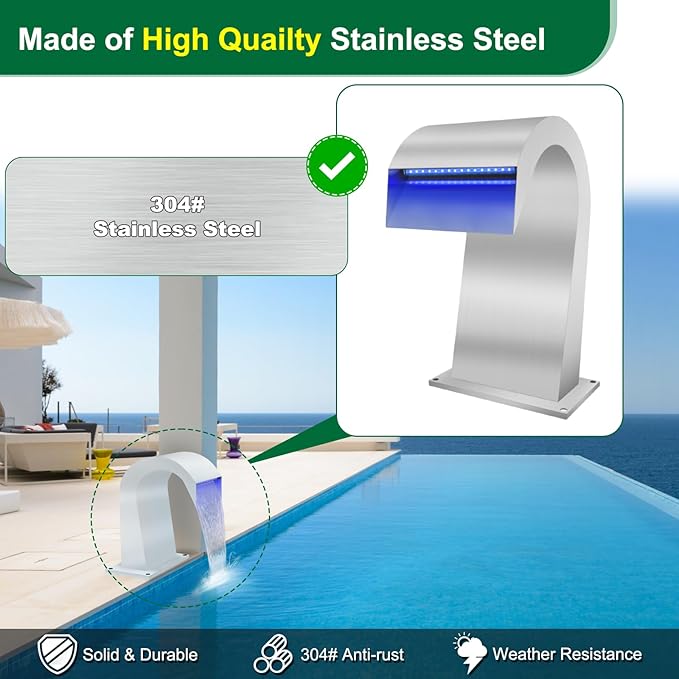 LONGRUN Waterfall Spillway Stainless Steel S-Shaped Pool Fountain, RF & APP Controled Colorful LED Light Pond Waterfalls for Indoor Outdoor Garden Rockery Koi Pond Swimming Pools-16.7" Height