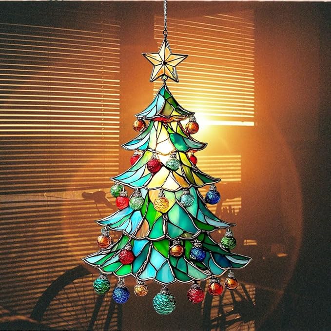 Mosaic Style Christmas Ornaments Tree Acrylic Suncatcher Stained Glass Effect Window Car Hanging Christmas Ornament Indoor Outdoor Decor Garden Sun Catcher Panel for Women Mom Grandma