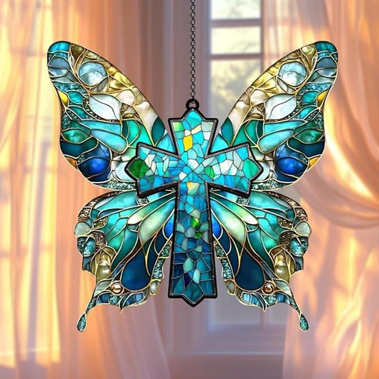 Christian Cross Acrylic Suncatcher, Sun Catchers for Window Hanging Ornament, Stained Glass Effect Indoor Outdoor Garden Decor for Mother's Day, Mom, Grandma, Wife, Women