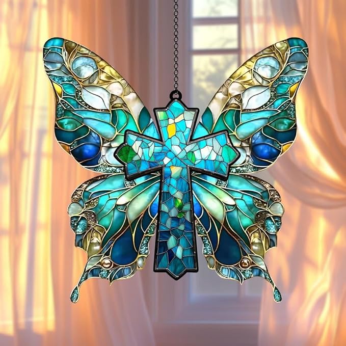 Jesus Cross Acrylic Suncatcher with Butterfly Wings, Boho Suncatchers for Window Hanging Ornament, Art Garden Decor for Lover, Gifts for Mother's Day, Mom, Grandma, Wife, Women, Nana