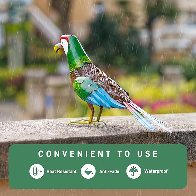 Metal Parrot Garden Statues Outdoor Decor, Parrot Outdoor Sculptures Yard Art Decoration for Patio Lawn Fence Backyard, Gift for Women Moms Grandmas