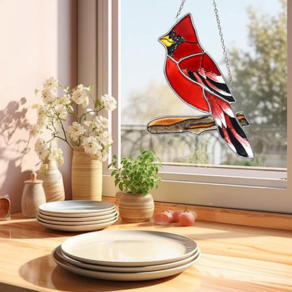 Red Cardinal Decor Stained Glass Bird Window Hanging Suncatcher for Window Decorations Ornament Farmhouse Cardinal Memorial Gifts on Branch for Bird Lovers Mom, Grandma