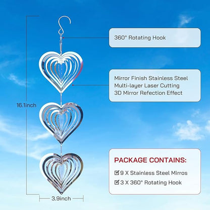 Factee Bird Deterrents for Outside, Reflective 3D Stainless Steel Wind Spinners, Garden Decor, Bird Scare Devices to Keep Woodpeckers, Pigeons Away from Your House, Patio, Orchards