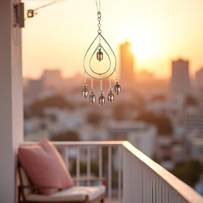 Metal Wind Chimes for Outside – Deep Tone Garden Decor – Rustic Finish Bronze Yard Decorations Outdoor – 14 Inch Hanging Windchime for Porch Patio Balcony – Gold Chimes with 6 Decorative Bells
