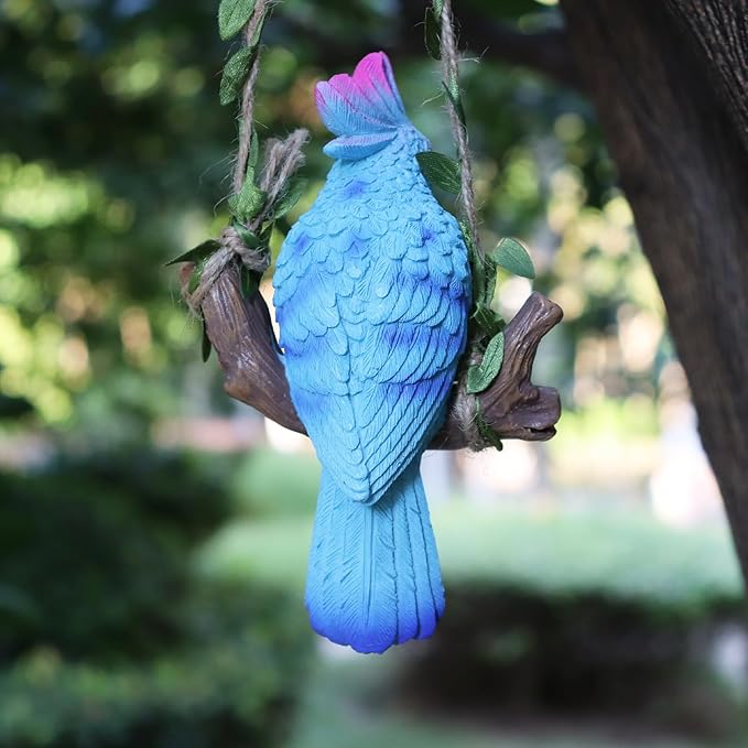 Hanging Parrot Garden Decor Tiki Bar Decorations Tropical Outdoor Hanging Bird Statue for Tree Plant Patio Lawn Yard Porch Balconies Decor(Blue)