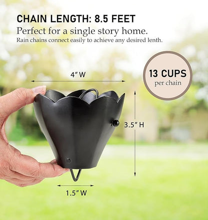 13 Cup Tulip Black Aluminum 8.5 ft. Rain Chain with Gutter Installation Clip by Good Directions