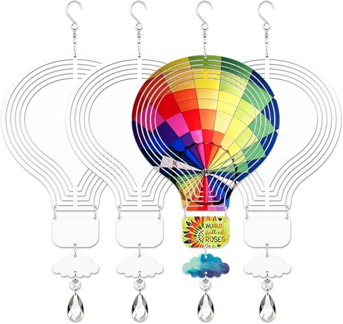 4Pack 8inch Sublimation Wind Spinner Blanks 3D Aluminum Metal Wind Sculpture Kinetic Spinners for Yard and Garden Indoor Art Ornaments Hanging Decoration (Hot Air Balloon)