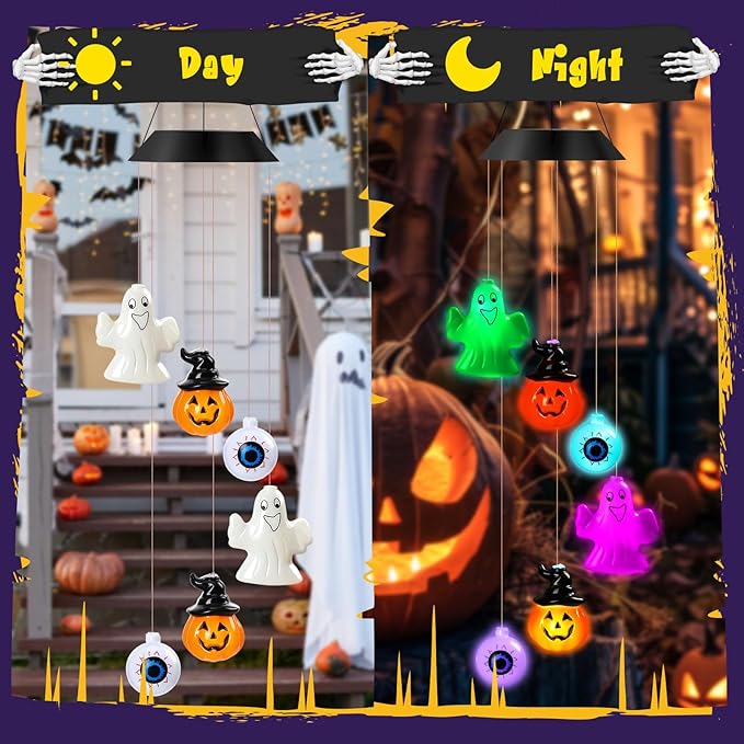 GlikCeil Halloween Solar Wind Chimes 27.5Inch Halloween Decorations Outside Waterproof Hanging LED for Yard, Porch, Patio, Party, Color Changing Eyeballs Ghost Lights(Mixed)