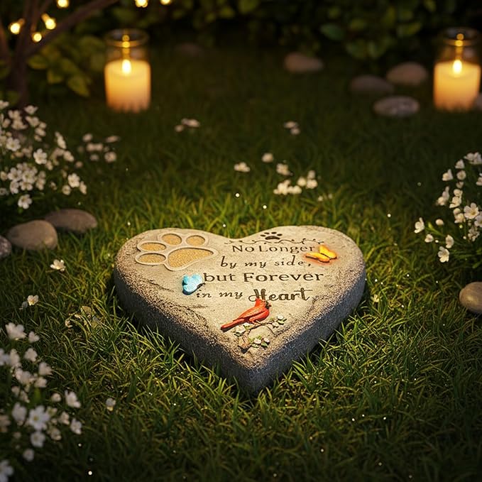 Dog Memorial Stone with Paw Print, Cardinal & Butterfly Pet Loss Sympathy Gift 10 inch, Pet Grave Markers Dog Bereavement Gifts Heart-Shaped Doggy Passing Away Gifts