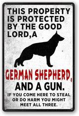 Beware Of Dog Sign Warning Signs For Fence German Shepherd Sign This Property Is Protected By The Good Lord Funny Metal Tin Yard Signs Highly Trained Large Dogs Sign Outdoor House Signs 8 X 12 In