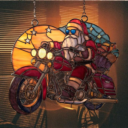 Cool Santa Riding Motorcycle Acrylic Suncatcher Stained Glass Effect Window Car Hanging Christmas Ornament Indoor Outdoor Decor Garden Sun Catcher Panel for Women Mom Grandma