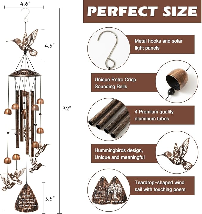 Hummingbird Wind Chimes for Outside, Brass Metal Wind Chimes Outdoors,Hummingbirds Gifts for Women/Men, Garden/Yard Decor, Memorial/Birthday Gifts for Grandma/Mom, Durable Chimes for Outdoors