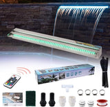 36" Water Pool Fountain 304 Stainless Steel Lighted Pool Waterfall Spillway with Wider Water Flow Platform, Multi-Color LED Strip Light with Remote Control for Indoor, Garden, Outdoor Decoration
