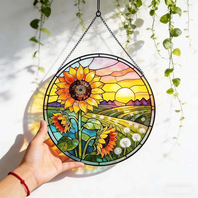 Sunflower Hanging Stained Glass for Windows, Sunflower Sun Catchers Indoor Window Glass Summer Floral Wall Art Hanging Decorations Mother's Day, Valentine's Day Ornaments Festival Gift 7.87"