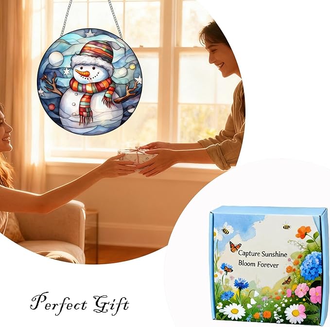 Snowman Suncatcher Stained Glass Suncatchers 7.87 Inch Stained Glass Ornament for Home Decor Indoor Wall Art for Christmas Day Valentine's Day Mother's Day Women