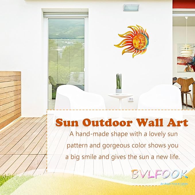 Metal Sun Moon Wall Art Decor, 12 Inch Retro Hanging Decor With Glass, Flame Sun Valentine Wall Decorations For Patio Yard Garden Fence Living Room Bedroom