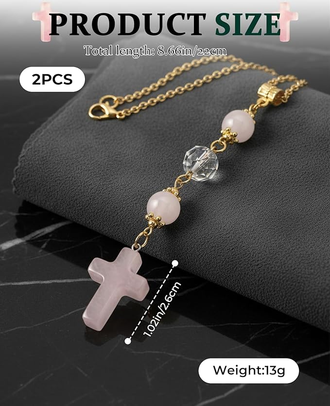 2PCS Crystal Cross for Car Mirror Hanging, Cute Healing Stones Car Rear View Charm Accessories Ornament for Sun Catcher