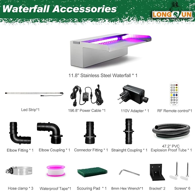 LONGRUN 30cm Pond Waterfall Blade,Stainless Steel Pool Fountain with RGB Bluetooth LED Light, Complete Waterfall & Stream Kits for Outdoor Water Features