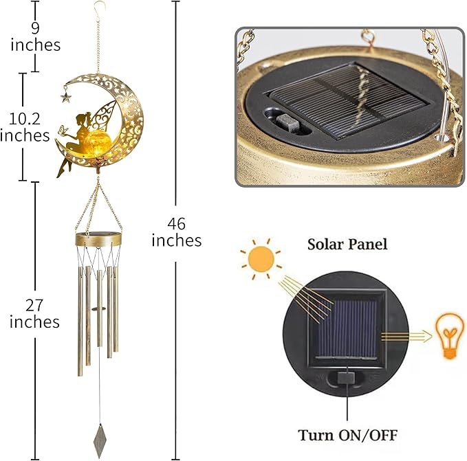 YAKii Fairy Moon Solar Wind Chimes for Outside Lights Gifts for Mom Wife Unique Crackle Glass LED Warm Light Outdoor Hanging Decor Windchimes for Garden Yard Patio Christmas Birthday Mothers Day