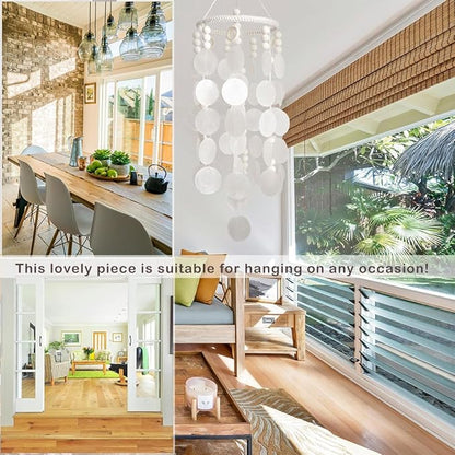 Capiz Shell Wind Chime, Shell Wind Chimes for Outside, Sea Glass Seashell Windchimes Outdoors, Unique Outdoor Boho Decor for Patio Garden Balcony Porch, 7" W X 23" H, Remmdan