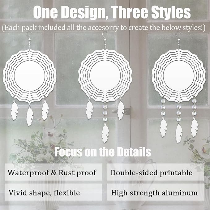 4Pack 8inch Sublimation Wind Spinner Blanks 3D Aluminum Metal Wind Sculpture Kinetic Spinners for Yard and Garden Indoor Art Ornaments Hanging Decoration (Feather)