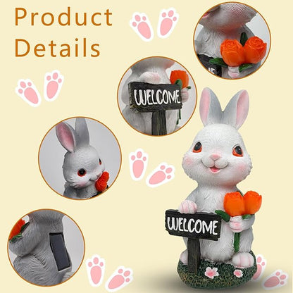 Solar Garden Outdoor Statues Lights Rabbit Garden Sculptures Birthday Housewarming Bunny Gifts for Women Mom Grandma for Patio Yard Lawn Backyard Decorations