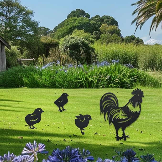 WADORN Chicken Metal Outdoor Statues Silhouette, Rooster Chicks Metal Decorative Garden Stakes Cute Rooster Silhouette Ornament Gift Animal Outdoor Decoration for Garden Backyard Patio Lawn Outdoor