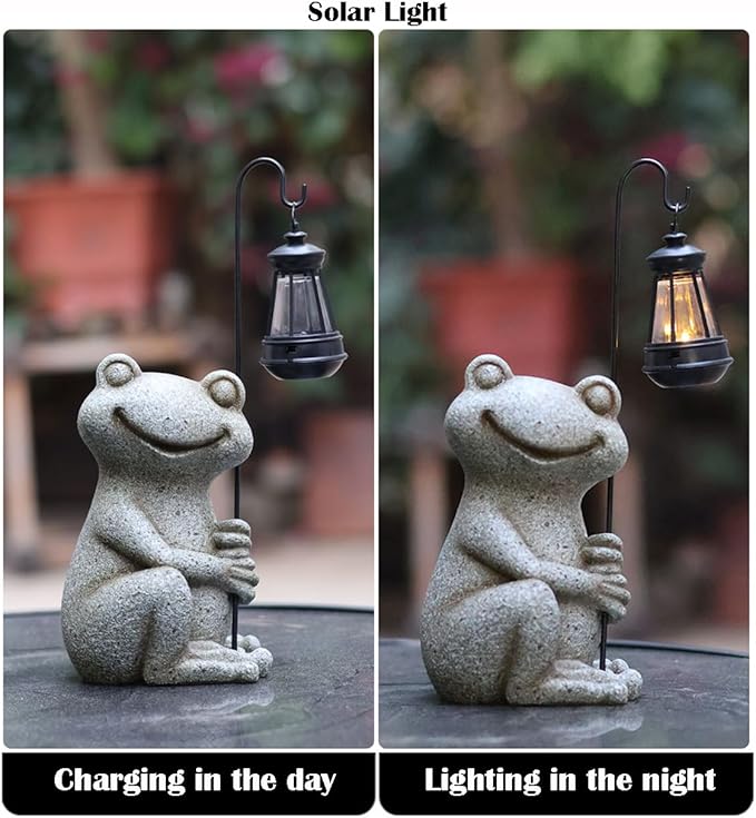 Solar Garden Statue, Cute Resin Animal Figurine with Solar Lantern Outdoor Decor for Patio Lawn Yard Pathway, Unique Housewarming Birthday Gift for Mom and Grandma (Frog)