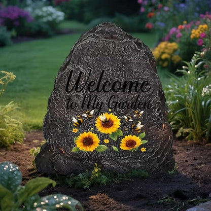 Garden Stone Sculpture with Bees and Sunflowers, Solar Resin Outdoor Sculpture, Suitable As A Grave Decoration for Gardens, Lawns, Cemeteries, Memorial Gifts, Home Decoration